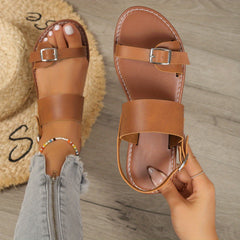 Women's Buckle Strap Flat Sandals Solid Open Toe Faux Leather Shoes
