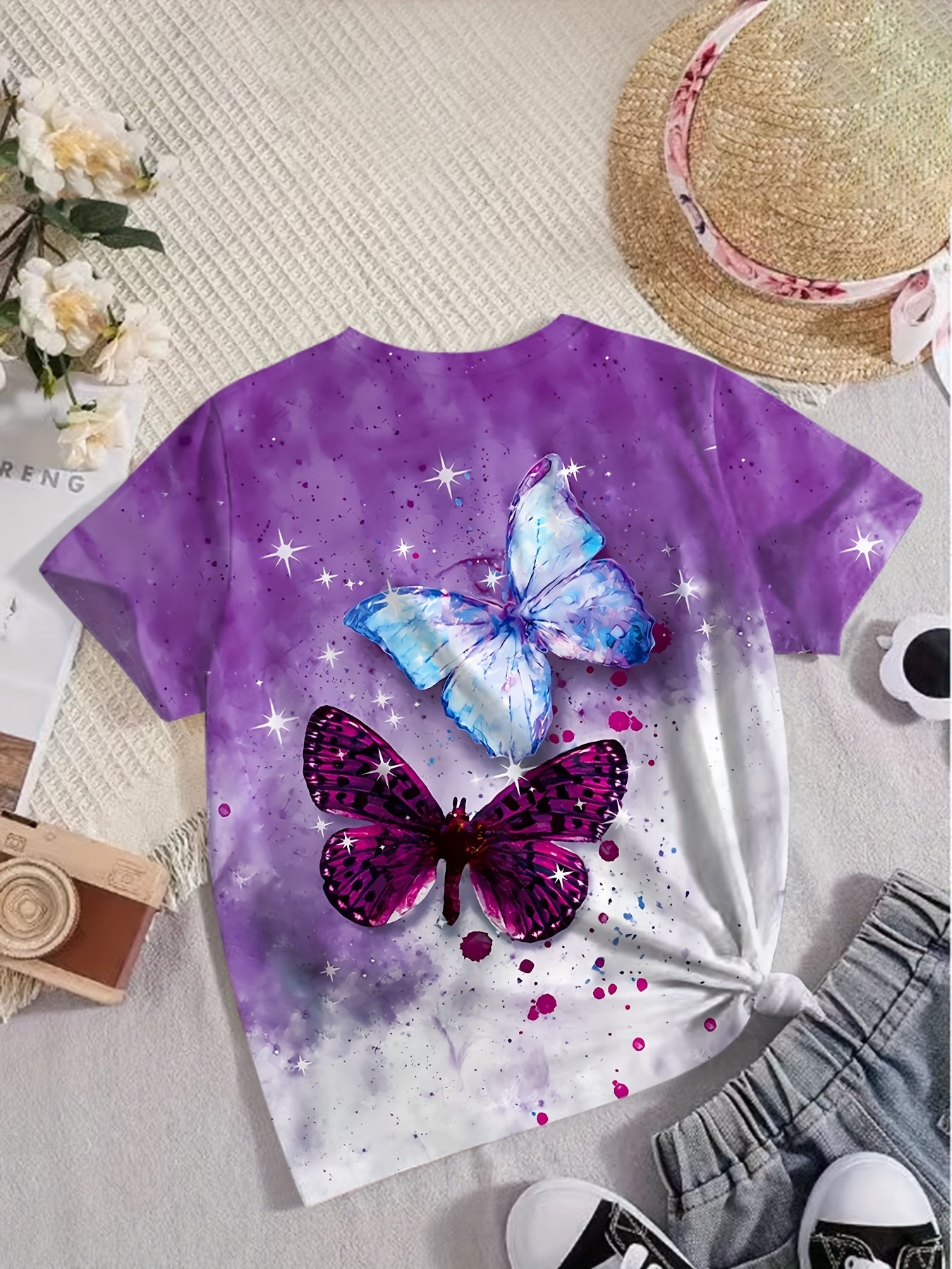 Butterfly Print Short Sleeve T-shirt Girls Summer Sports