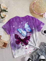 Butterfly Print Short Sleeve T-shirt Girls Summer Sports