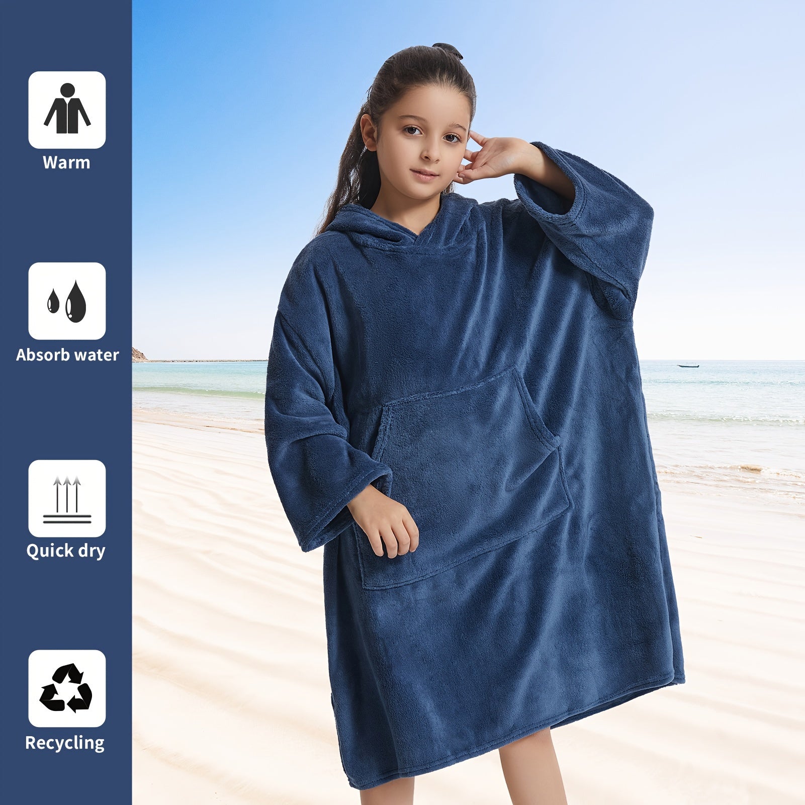 Kids Bathrobe Changing Robe with Pocket, Soft Hooded Poncho
