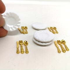 1:12 Dollhouse Plates & 16 Metal Cutlery - Porcelain Plate Set Decoration