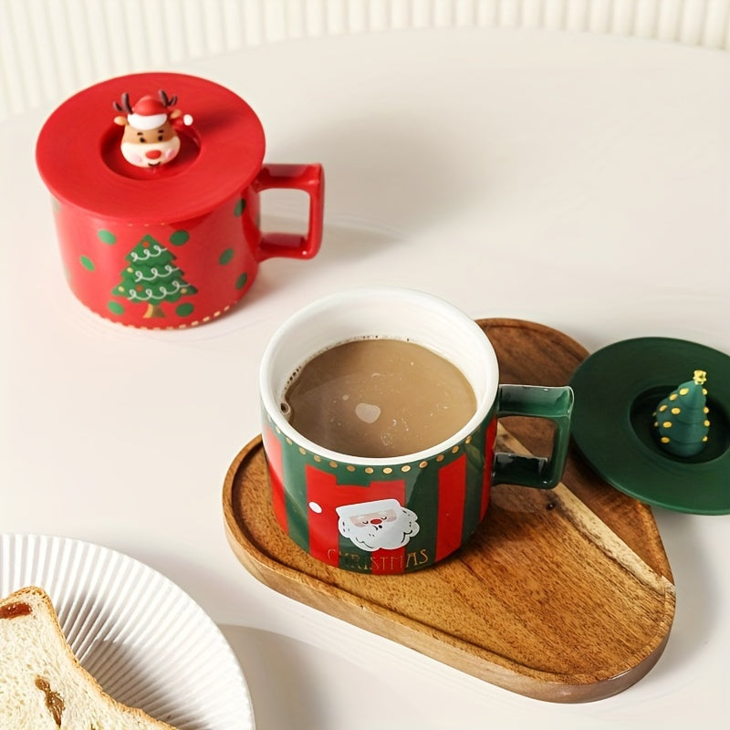 338ml Christmas Ceramic Mug with Lid, Coffee Cup for Camping & Travel