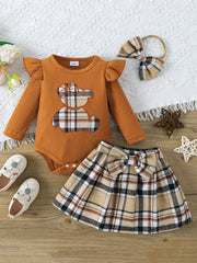 Toddler Bear Embroidered Romper Plaid Skirt Headwear Outfit