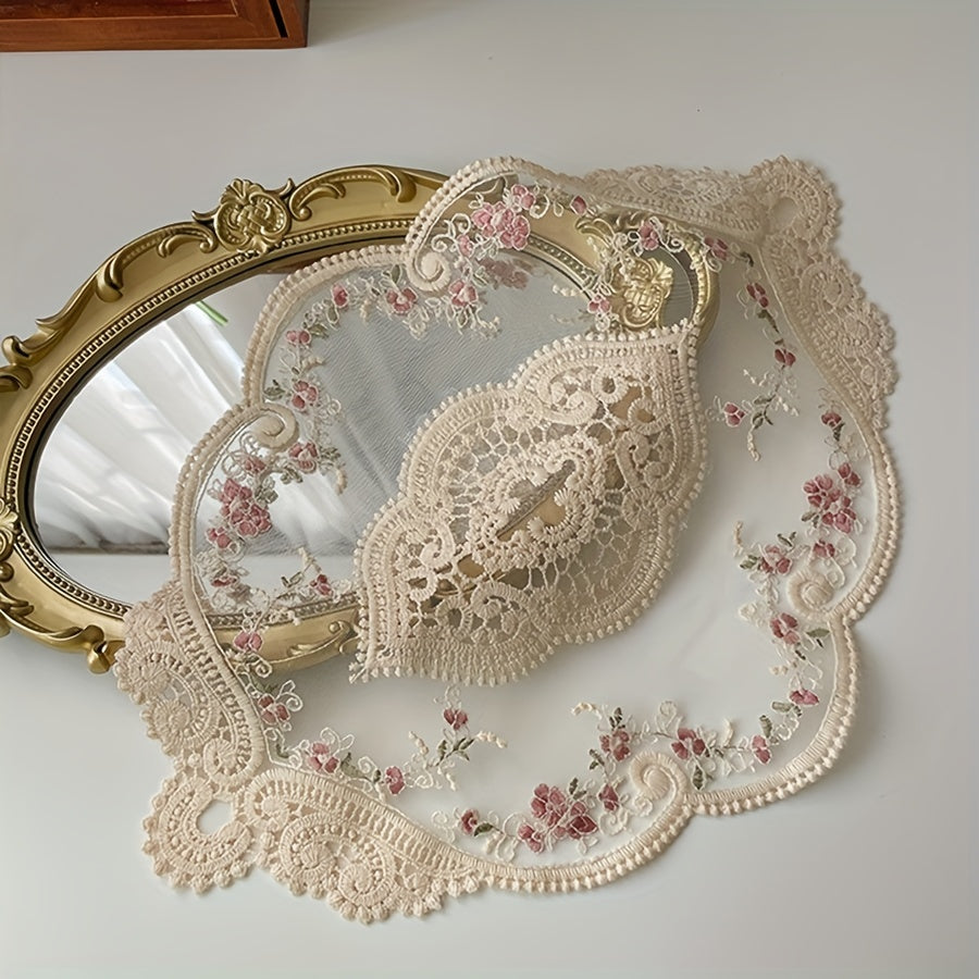 2pcs Lace Embroidered Doily Vintage Floral Fabric Table Mat Plate Mat