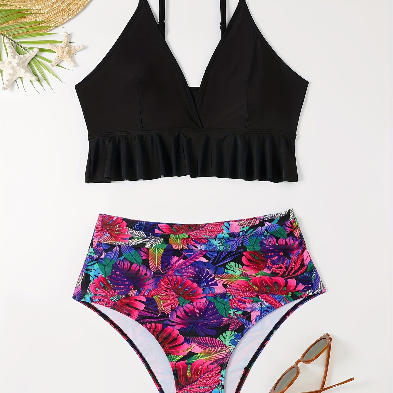 Sexy Bikini Set: Solid V Neck Ruffle Bra & Tropical Print Ruched Panty