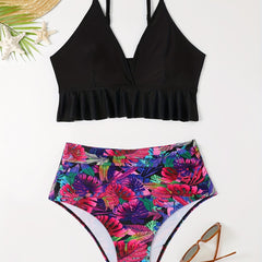 Sexy Bikini Set: Solid V Neck Ruffle Bra & Tropical Print Ruched Panty