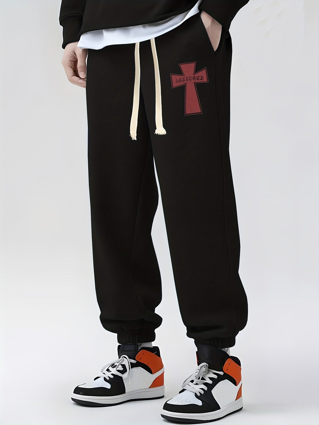 Gothic Cross Print Drawstring Sweatpants Men's Loose Fit Casual Joggers