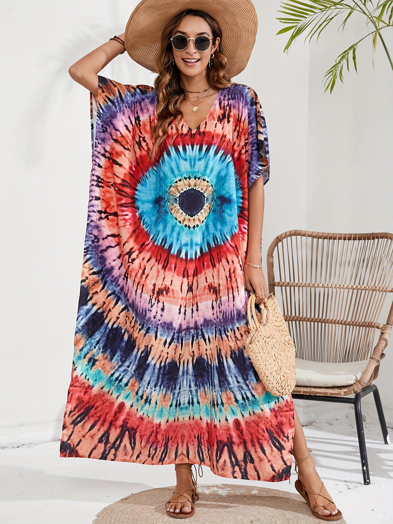 Boho Cover Up Plus Size Spiral Tie Dye Maxi Beach Dress