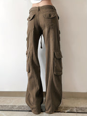 Grey Cargo Pants High Rise Wide Leg Loose Fit