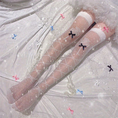 Bow Decor Thigh High Stockings Smooth Criss Cross Pattern Over The Knee Socks