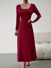 Solid Square Neck Maxi Dress Long Sleeve Women's Clothing
