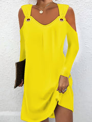 Solid Grommet Cold Shoulder Long Sleeve Dress