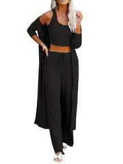 Solid Ribbed Lounge Set Long Sleeve Robe & Crew Neck Tank Top & Lace Up Pants