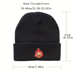 Anime Flame Embroidery Beanie Cartoon Unisex Knit Hat Elastic Casual Skull Cap