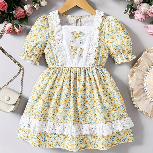 Girls Flower Print Puff Sleeve Dress for Party