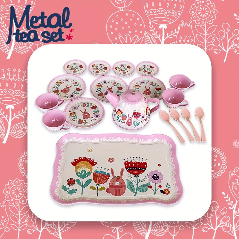 19-Piece Metal Tea Set Toy Kitchen with Pink Flowers and Animals