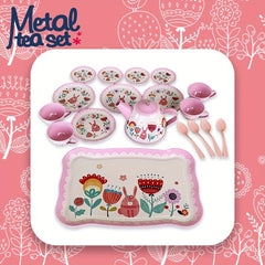 19-Piece Metal Tea Set Toy Kitchen with Pink Flowers and Animals