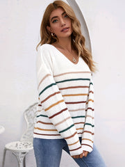 Striped V Neck Drop Shoulder Sweater Casual Long Sleeve