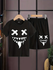 Boy's Funny Face Pattern 2pcs T shirt & Shorts Set Halloween Style Outfits