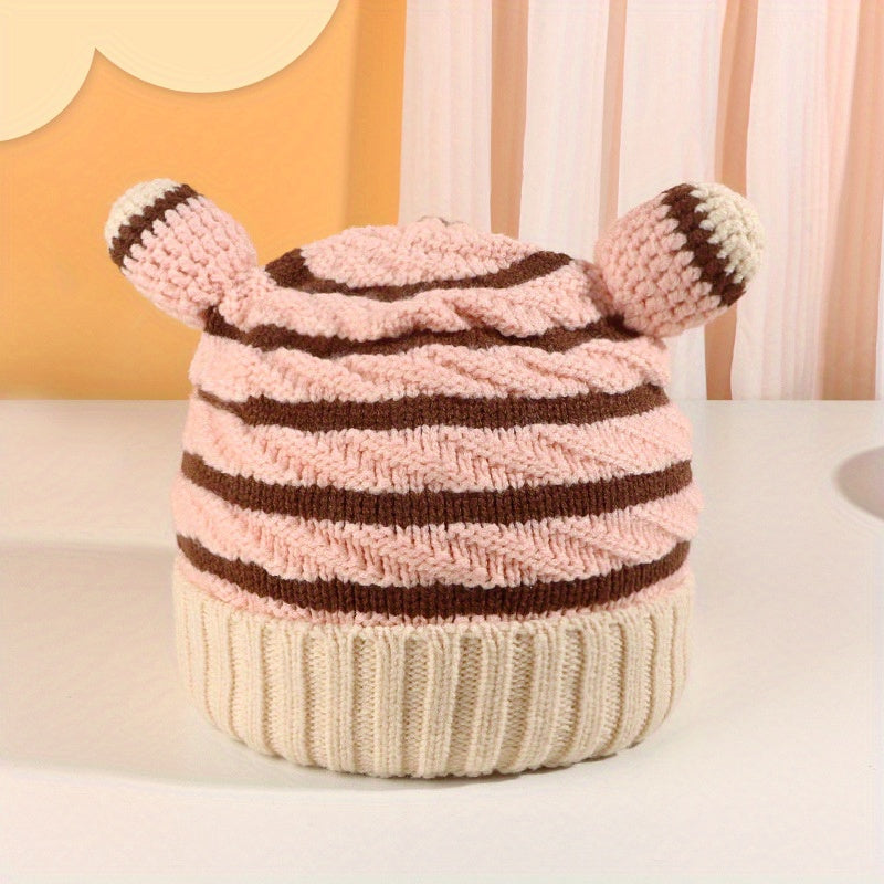 Kids Wool Striped Knit Hat w/ Horn for Daily Use