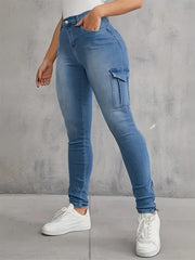 Cargo Pants Slim Fit Mid Stretch Side Zip Casual Skinny Jeans