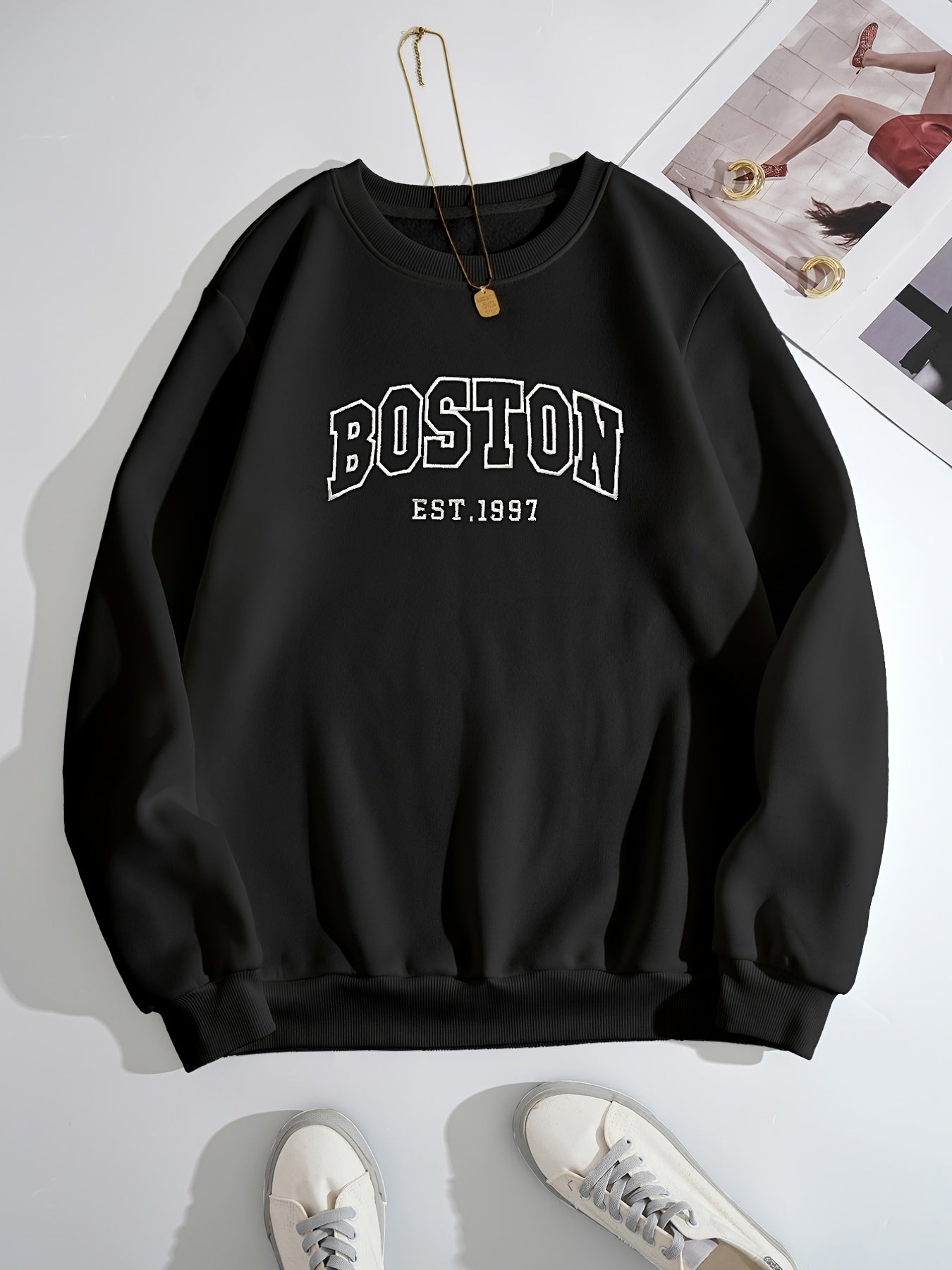 Boston Letter Print Crew Neck Sweatshirt