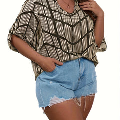 Casual Blouse Women's Plus Dot & Geometric Print Long Sleeve Loose Fit