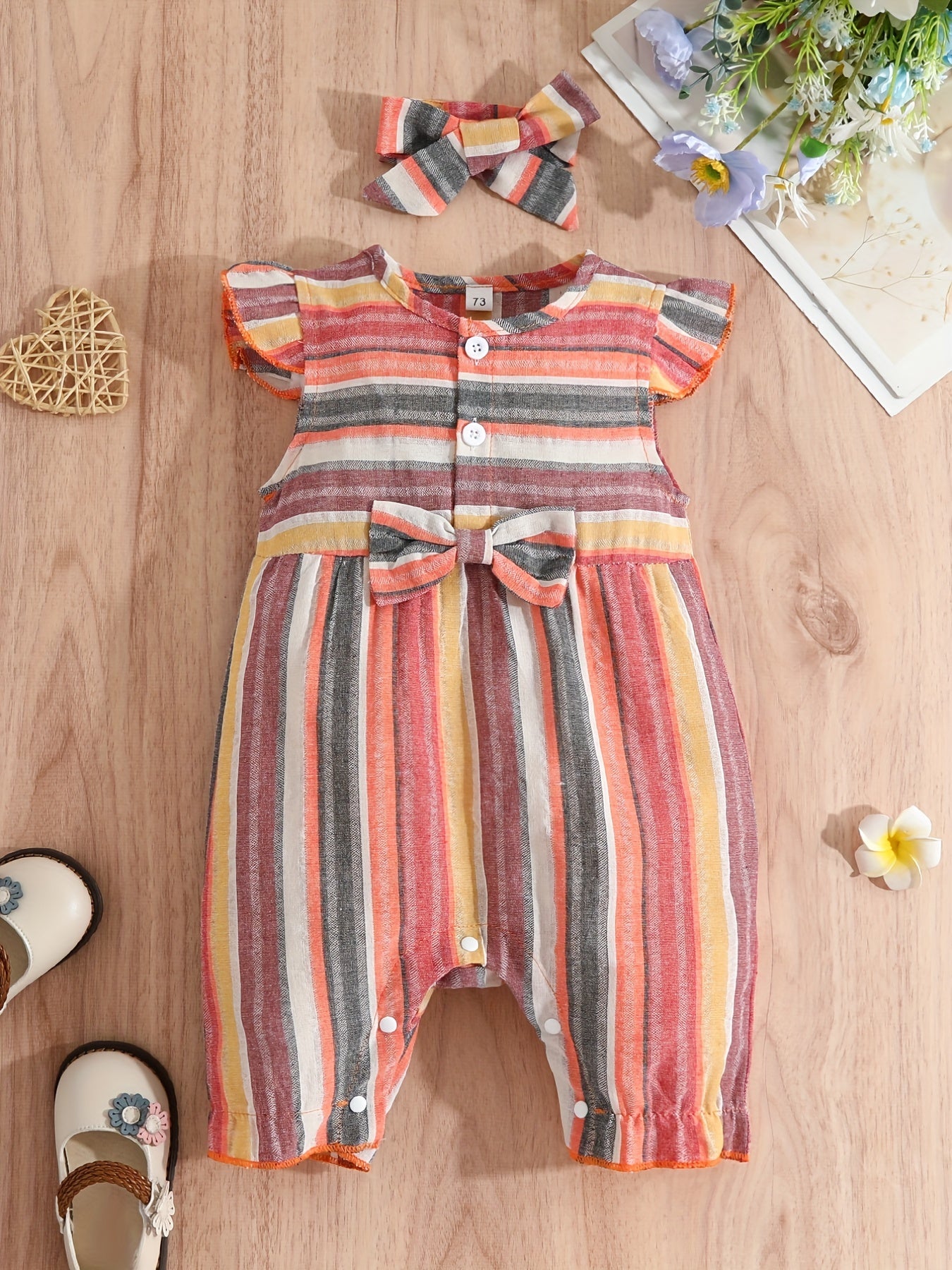 Baby Girls Striped Ruffled Romper & Headband Set