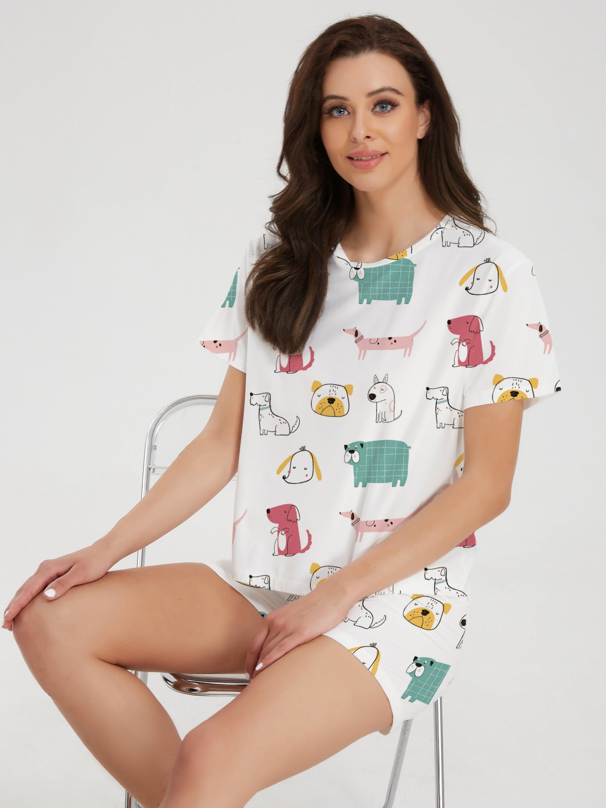 Cartoon Dog Print Lounge Set Short Sleeve Top & Shorts Women's Loungewear