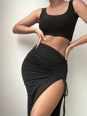 Y2K Solid Slim Two Piece Skirt Set Crop Tank Top & Side Drawstring Split Skirt