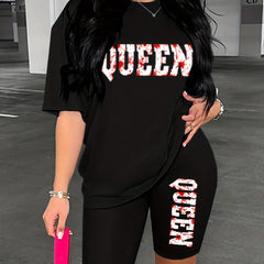 Queen Print 2pc Set Casual T-shirt & Shorts Outfit Womens Clothing