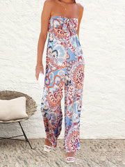Ethnic Floral Print Tube Jumpsuit Vacation Off Shoulder Wide Leg Jumpsuit