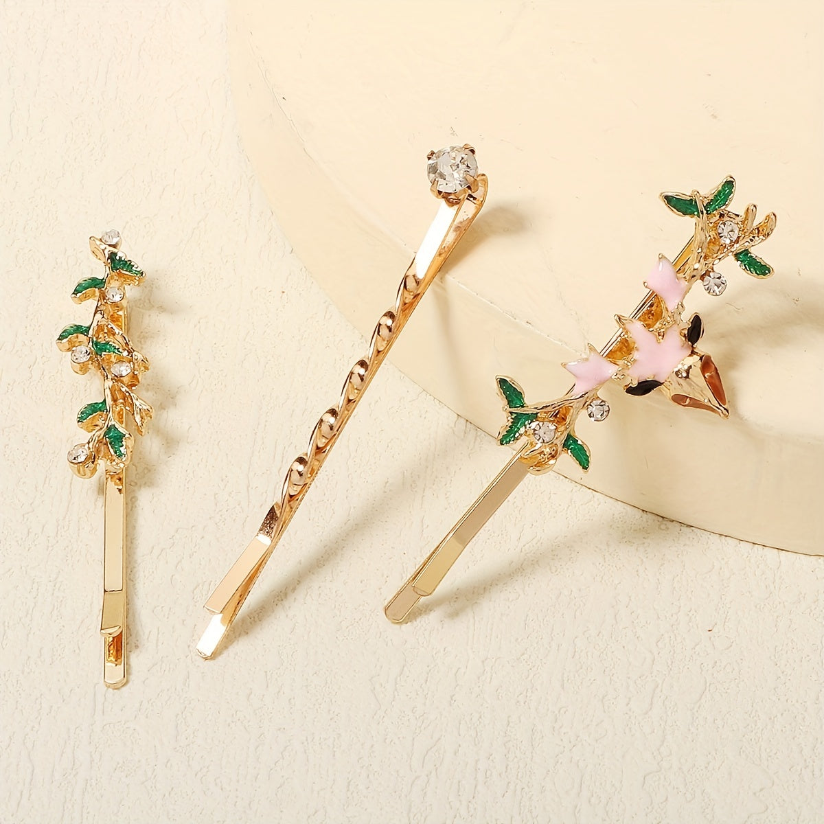 3pcs Crystal Bobby Pin Non slip Side Clip Floral Hair Accessories