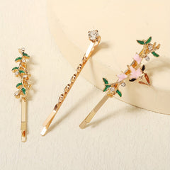 3pcs Crystal Bobby Pin Non slip Side Clip Floral Hair Accessories