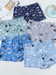 5pcs Boy's Boxer Briefs Dinosaurs Print Multiple Colors Elastic Waist Shorts