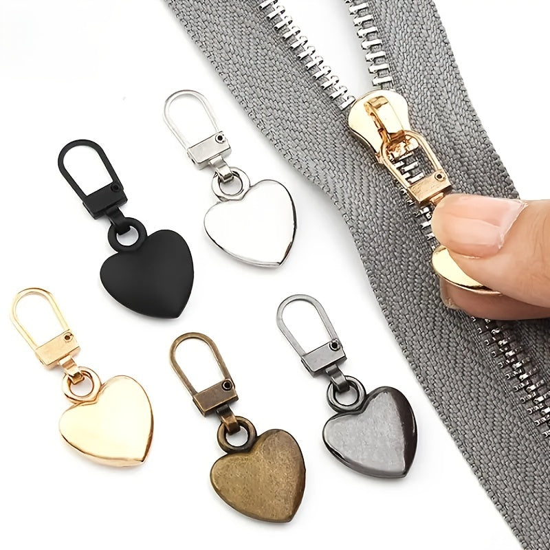 5pcs Metal Zipper Pull Ji Heart Shape Coat Backpack Jacket Pants Jeans Purse
