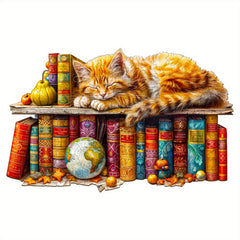 Enchanted Tabby Cat Wooden Puzzle with Cozy Book & Globe