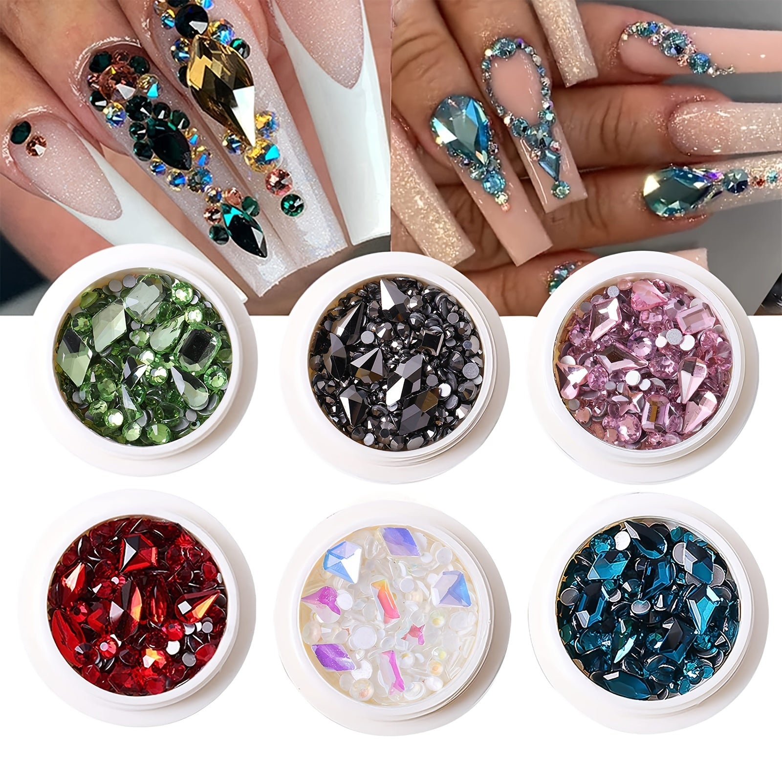 6 Boxes Nail Art Rhinestones Set with Drill Pen and Tweezers