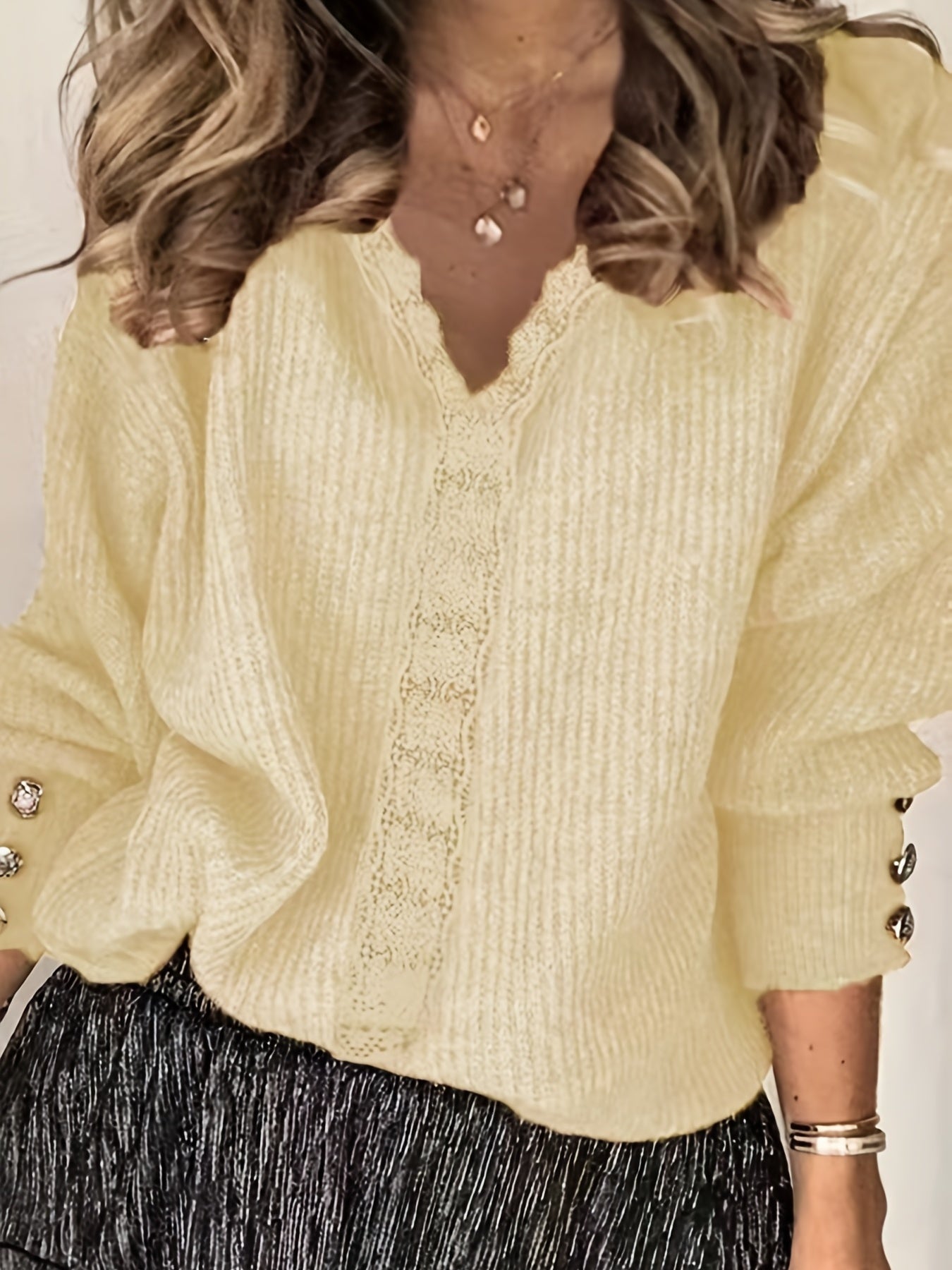 V-Neck Crochet Panel Sweater, Slight Stretch
