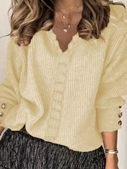 V-Neck Crochet Panel Sweater, Slight Stretch
