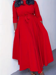 Solid Half Sleeve Round Neck Dress with Belt