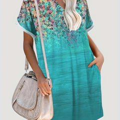 Floral Print Short Sleeve V Neck Dress