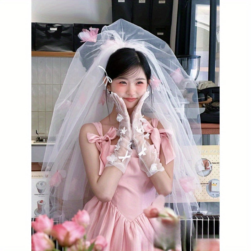 Ultra Bridal Veil Pink Double Layer Tulle Headpiece for Wedding