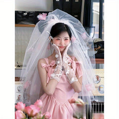 Ultra Bridal Veil Pink Double Layer Tulle Headpiece for Wedding