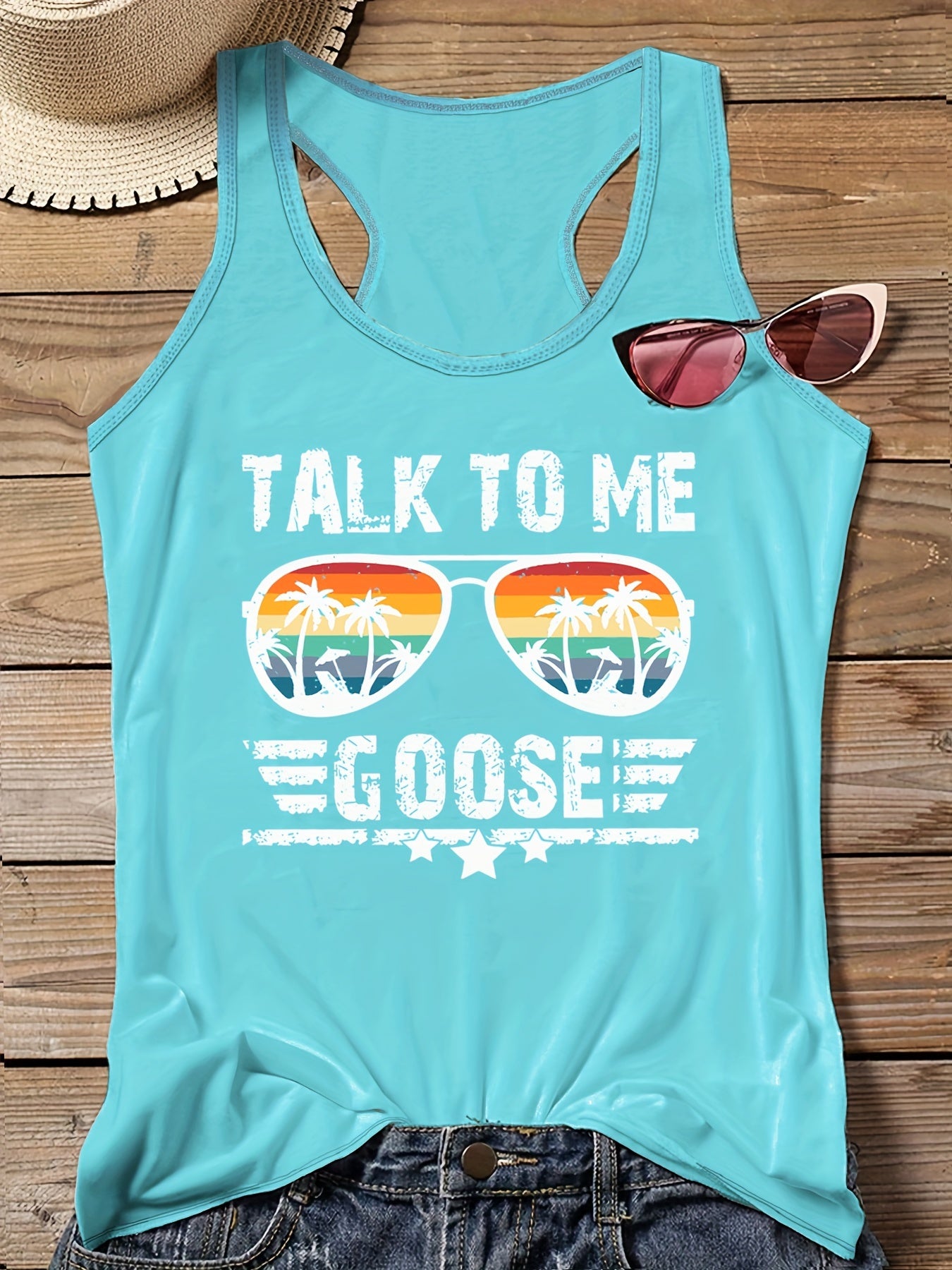 Tank Top Women's Slogan & Coconut Tree Sunglasses Print Vest Top