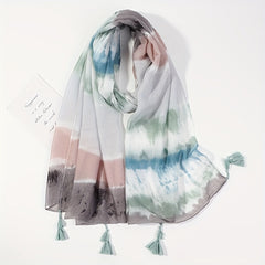 Tie Dye Gradient Tassel Scarf Classic Shawl Windproof Warm Head Wrap Sunscreen
