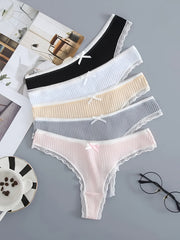 5pcs Lace Trim Ribbed Thongs Soft & Comfy Intimates Panties Women's Lingerie