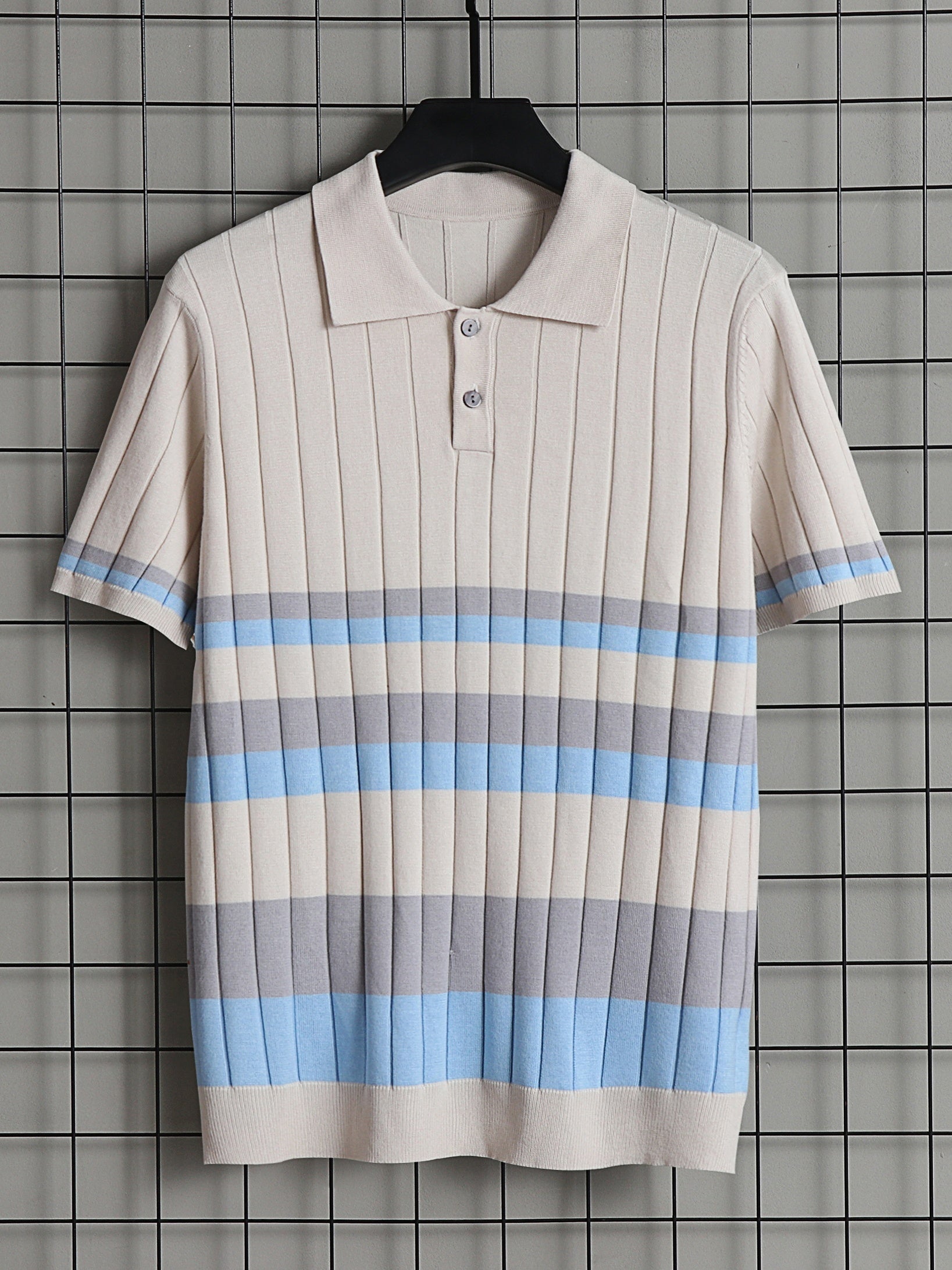 Stripe Pattern Polo Sweater Men's Warm Stretch V Neck Pullover