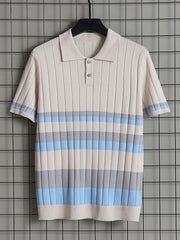 Stripe Pattern Polo Sweater Men's Warm Stretch V Neck Pullover