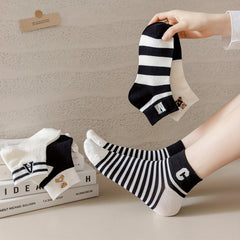 5 Pairs Teddy Bear & Striped Short Socks Women's Stockings